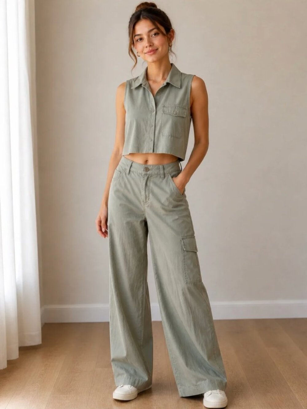 House of Harlow 1960 Sleeveless Cropped Shirt & Wide-Leg Cargo Pants Set NWT
